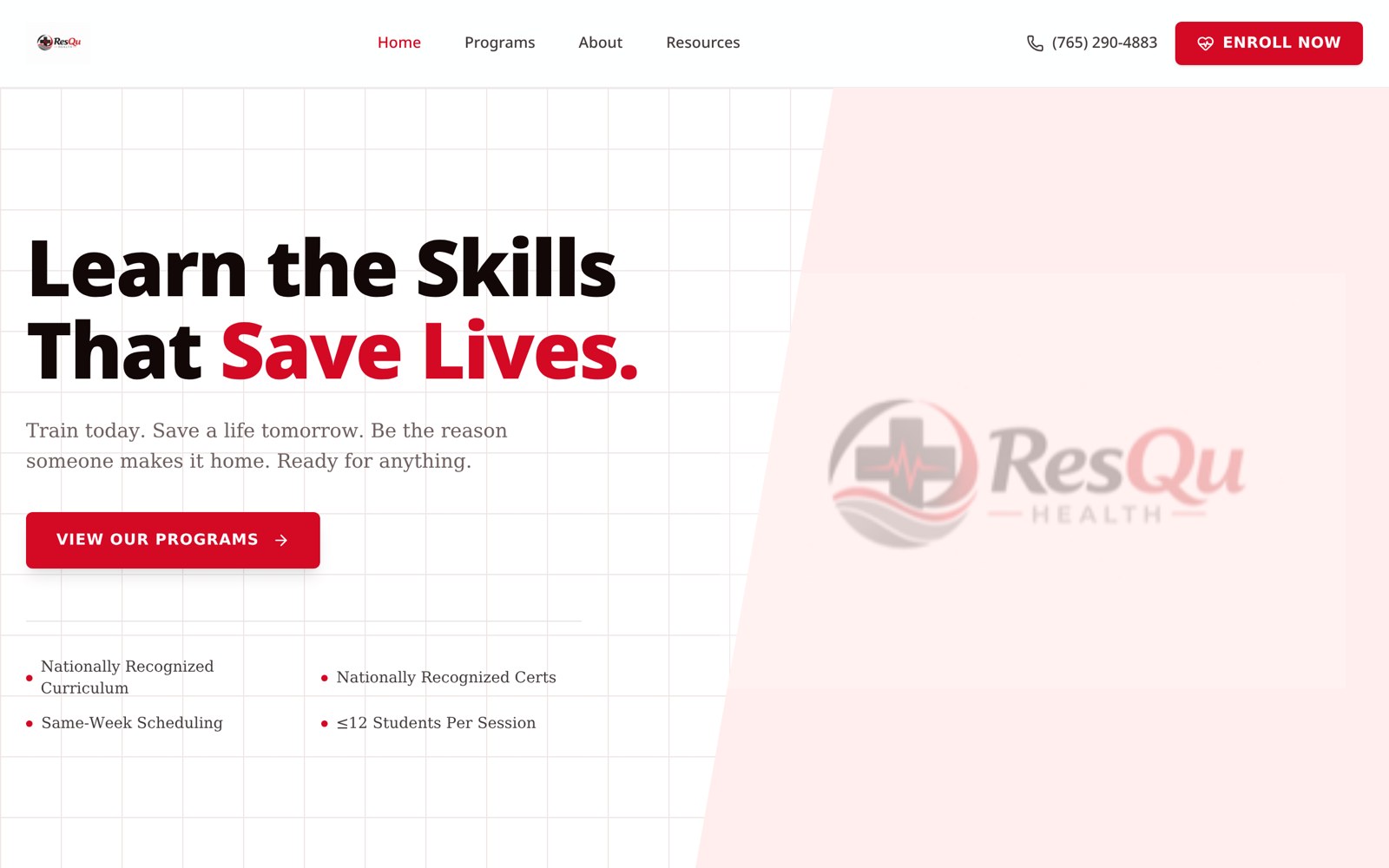 Homepage of the ResQu Health website